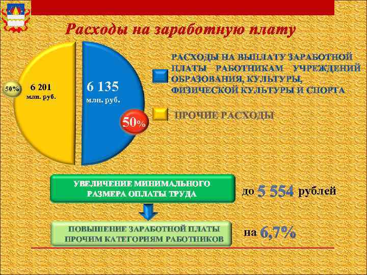 Расходы на заработную плату 50% 6 201 млн. руб. РАСХОДЫ НА ВЫПЛАТУ ЗАРАБОТНОЙ ПЛАТЫ