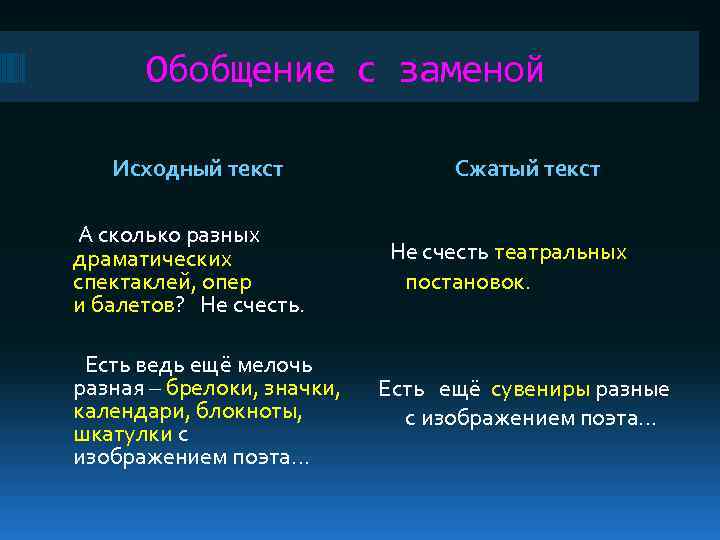 Обобщение с заменой Исходный текст А сколько разных драматических спектаклей, опер и балетов? Не