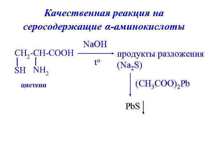 Качественная реакция на серосодержащие α-аминокислоты Na. OH to цистеин продукты разложения (Na 2 S)
