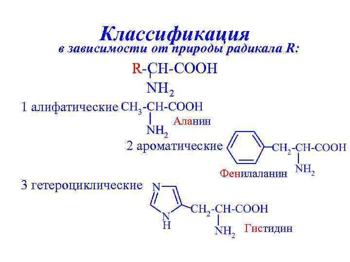 Классификация в зависимости от природы радикала R: R-CH-COOH NH 2 1 алифатические Аланин 2