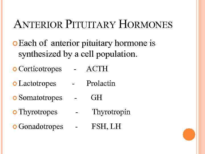 ANTERIOR PITUITARY HORMONES Each of anterior pituitary hormone is synthesized by a cell population.