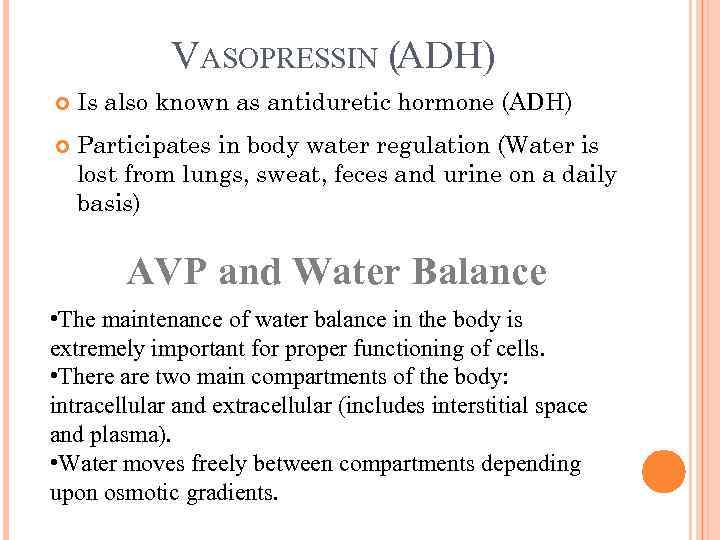 VASOPRESSIN (ADH) Is also known as antiduretic hormone (ADH) Participates in body water regulation