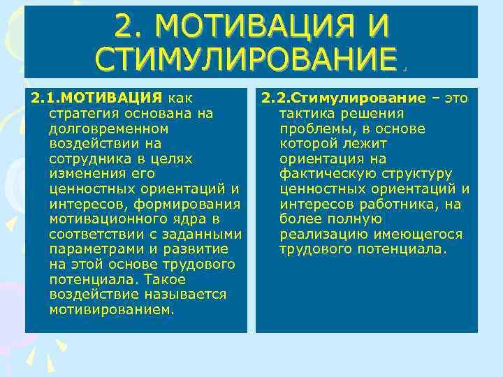 2. МОТИВАЦИЯ И СТИМУЛИРОВАНИЕ. 2. 1. МОТИВАЦИЯ как стратегия основана на долговременном воздействии на