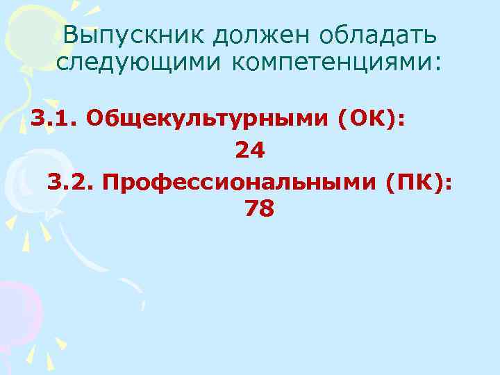 Выпускник должен обладать следующими компетенциями: 3. 1. Общекультурными (ОК): 24 3. 2. Профессиональными (ПК):