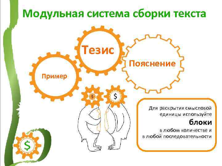 Модульная система сборки текста Тезис Пояснение Пример Для раскрытия смысловой единицы используйте блоки в