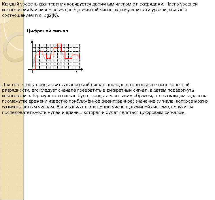 Каждый уровень квантования кодируется двоичным числом с n разрядами. Число уровней квантования N и