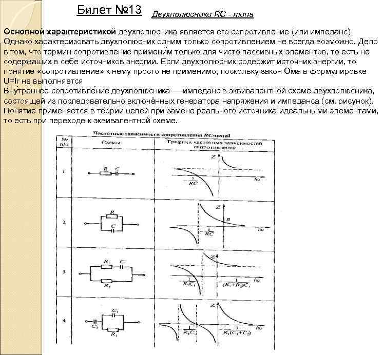 Билет № 13 Двухполюсники RC типа Основной характеристикой двухполюсника является его сопротивление (или импеданс)
