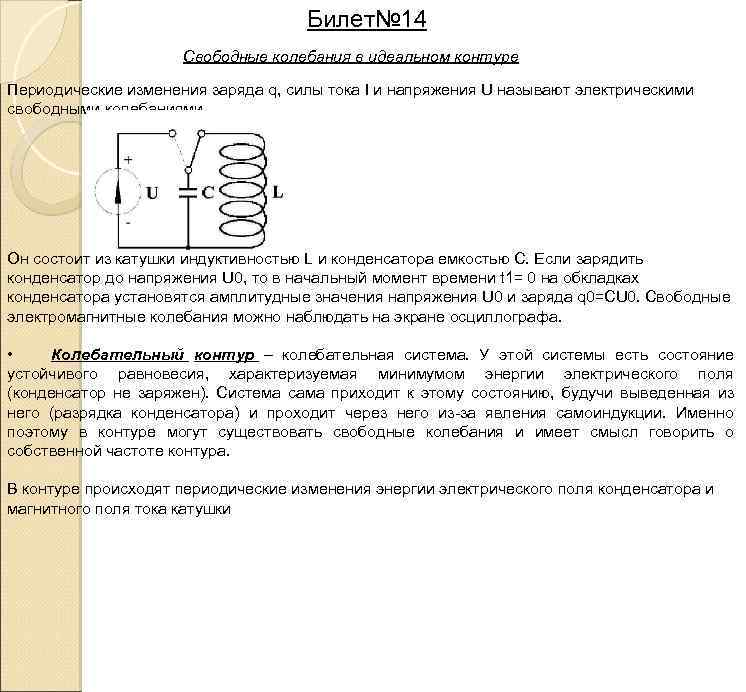 Билет№ 14 Свободные колебания в идеальном контуре Периодические изменения заряда q, силы тока I