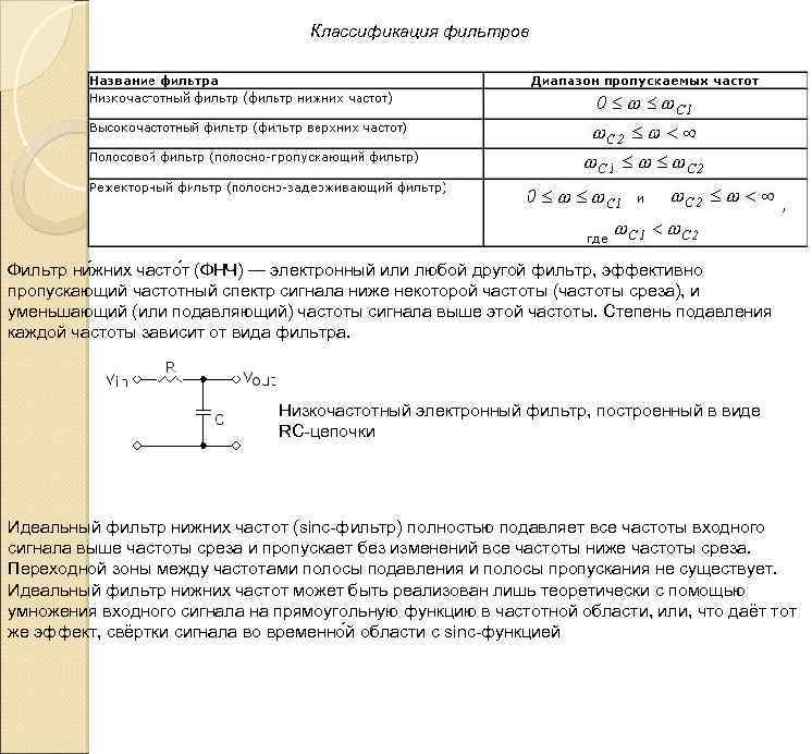 Классификация фильтров Фильтр ни жних часто т (ФНЧ) — электронный или любой другой фильтр,
