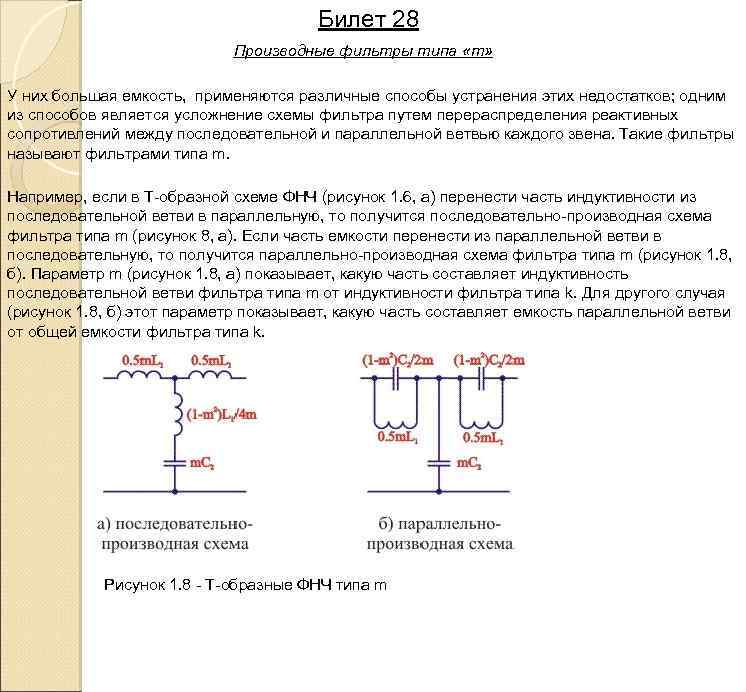 Билет 28 Производные фильтры типа «m» У них большая емкость, применяются различные способы устранения