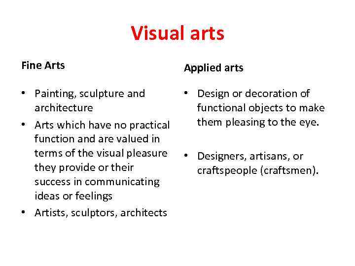 Visual arts Fine Arts Applied arts • Painting, sculpture and • Design or decoration