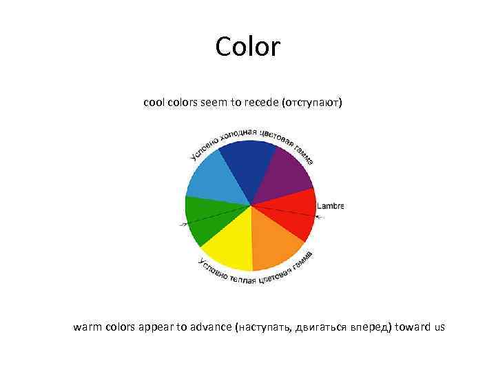 Color cool colors seem to recede (отступают) warm colors appear to advance (наступать, двигаться