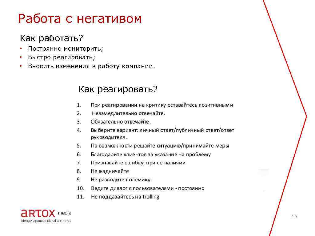 Работа с негативом Как работать? • Постоянно мониторить; • Быстро реагировать; • Вносить изменения