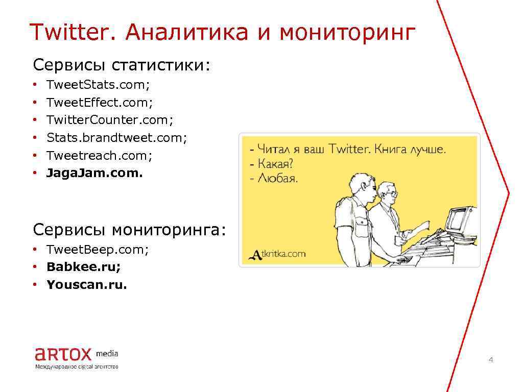 Twitter. Аналитика и мониторинг Сервисы статистики: • • • Tweet. Stats. com; Tweet. Effect.