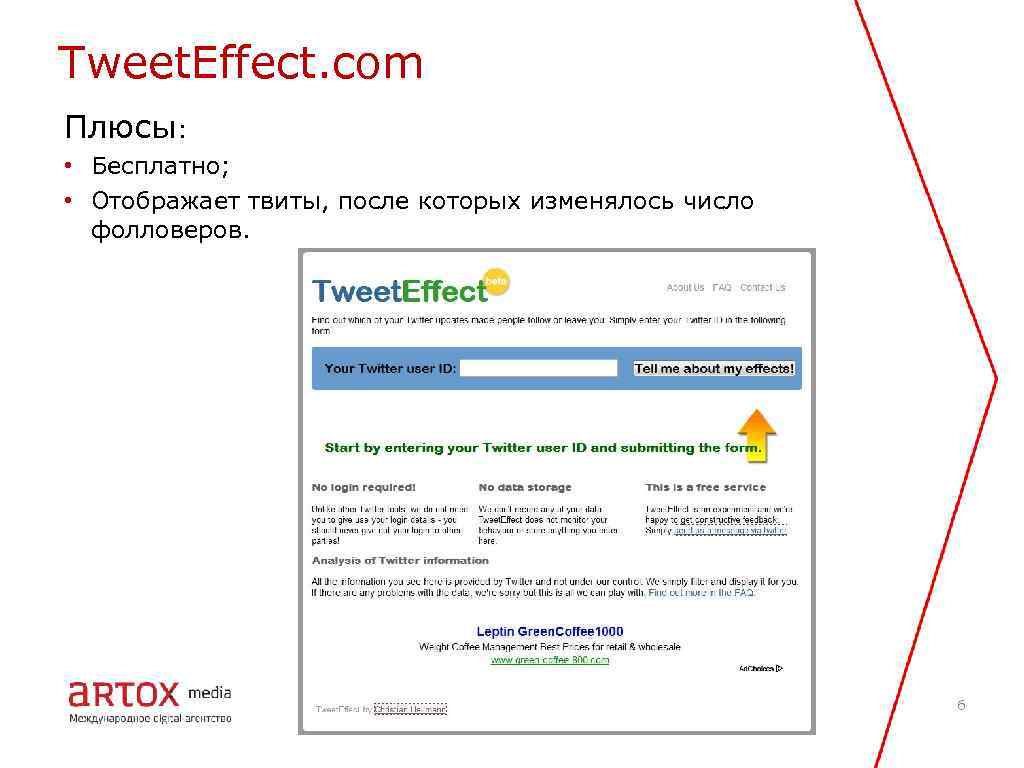 Tweet. Effect. com Плюсы: • Бесплатно; • Отображает твиты, после которых изменялось число фолловеров.