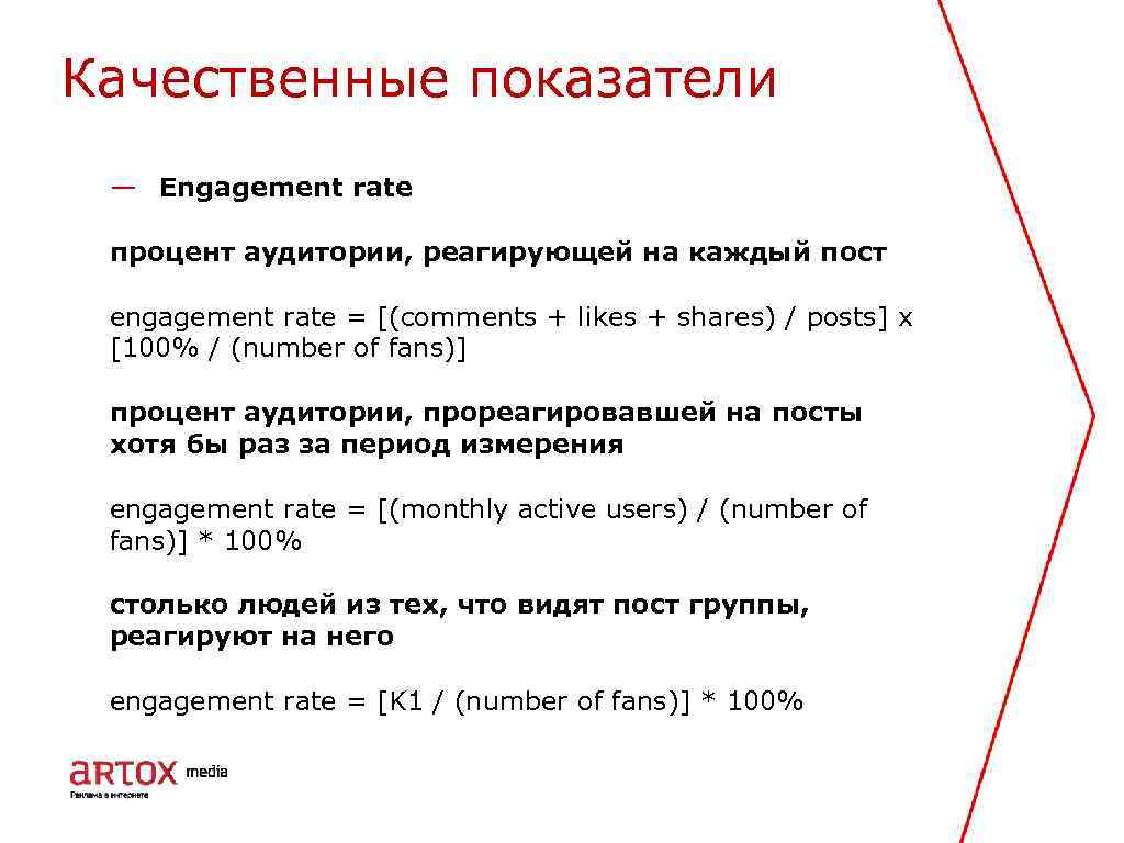 Качественные показатели — Engagement rate процент аудитории, реагирующей на каждый пост engagement rate =