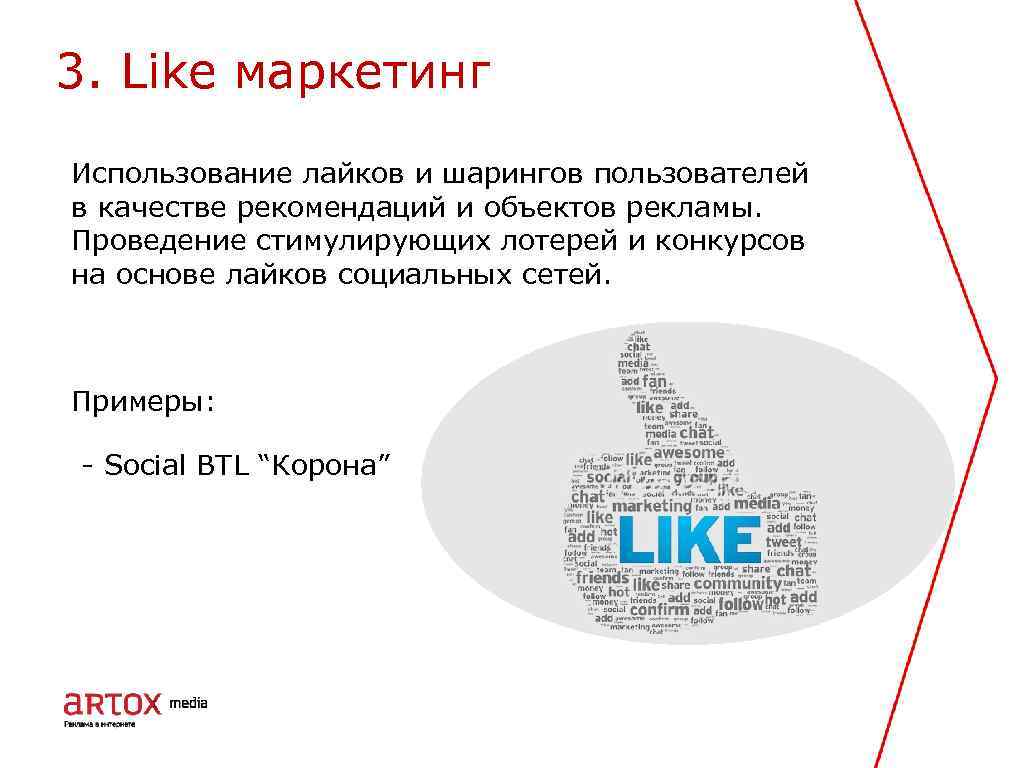 3. Like маркетинг Использование лайков и шарингов пользователей в качестве рекомендаций и объектов рекламы.