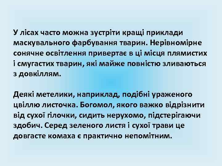 У лісах часто можна зустріти кращі приклади маскувального фарбування тварин. Нерівномірне сонячне освітлення привертає