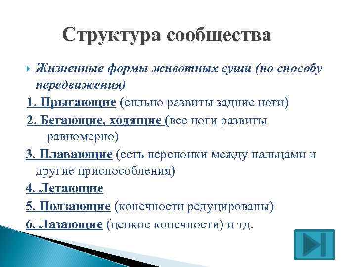 Структура сообщества Жизненные формы животных суши (по способу передвижения) 1. Прыгающие (сильно развиты задние