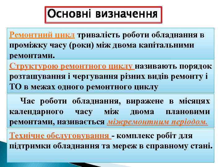 Основні визначення Ремонтний цикл тривалість роботи обладнання в проміжку часу (роки) між двома капітальними