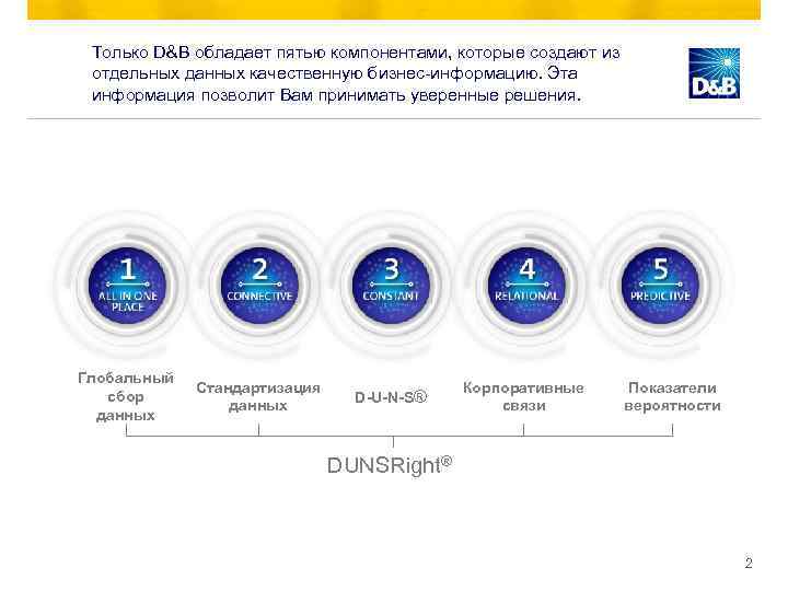 Только D&B обладает пятью компонентами, которые создают из отдельных данных качественную бизнес-информацию. Эта информация