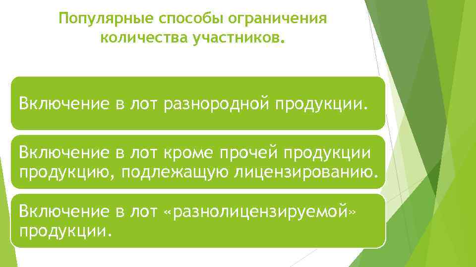 Популярные способы ограничения количества участников. Включение в лот разнородной продукции. Включение в лот кроме