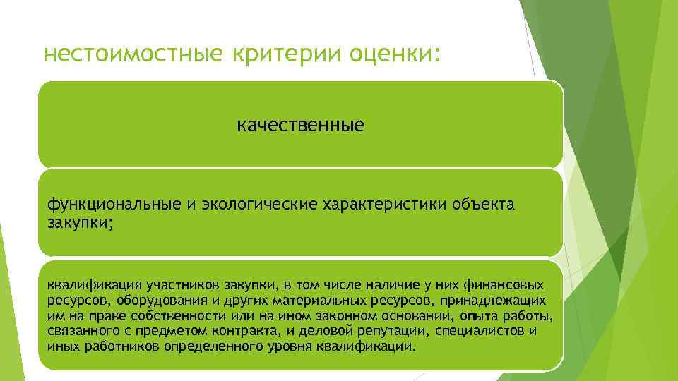 Критерии закупок. Нестоимостные критерии. Нестоимостные критерии оценки. Качественные характеристики объекта. Экологические критерии оценки объектов.