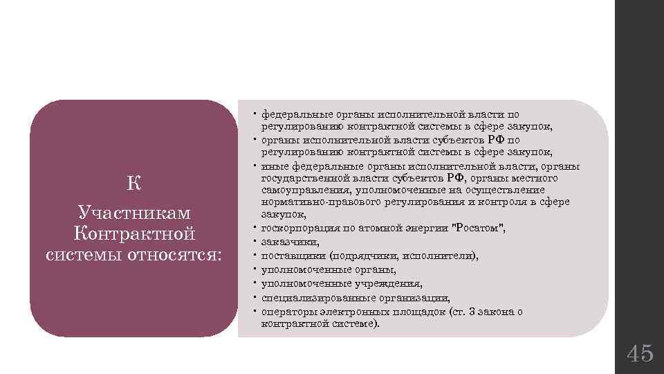 К Участникам Контрактной системы относятся: • федеральные органы исполнительной власти по регулированию контрактной системы