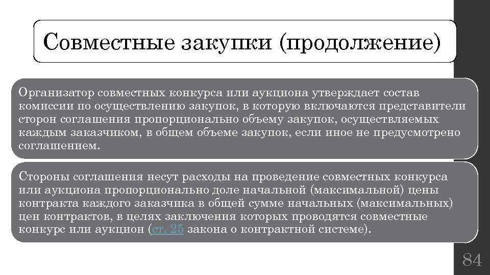 Совместные закупки (продолжение) Организатор совместных конкурса или аукциона утверждает состав комиссии по осуществлению закупок,