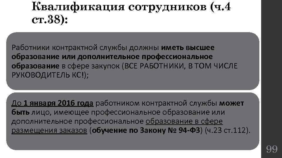 Квалификация сотрудников (ч. 4 ст. 38): Работники контрактной службы должны иметь высшее образование или