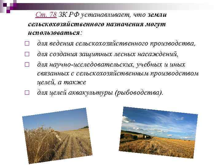 Ст. 78 ЗК РФ устанавливает, что земли сельскохозяйственного назначения могут использоваться: ¨ для ведения