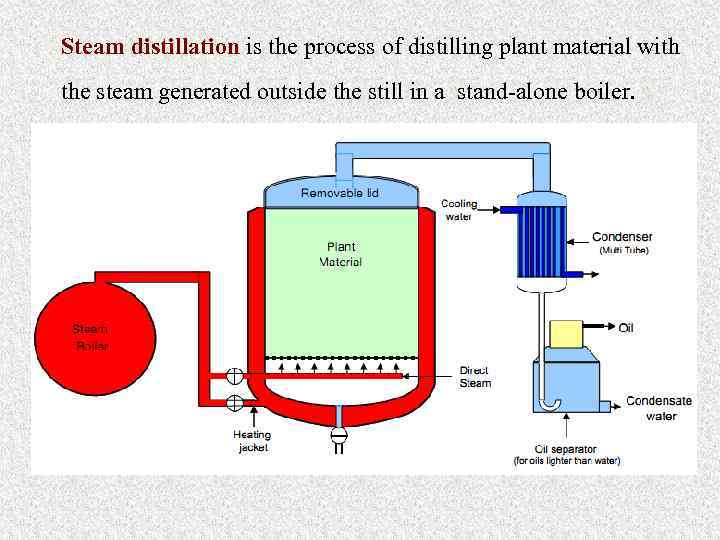 Steam distillation is the process of distilling plant material with the steam generated outside