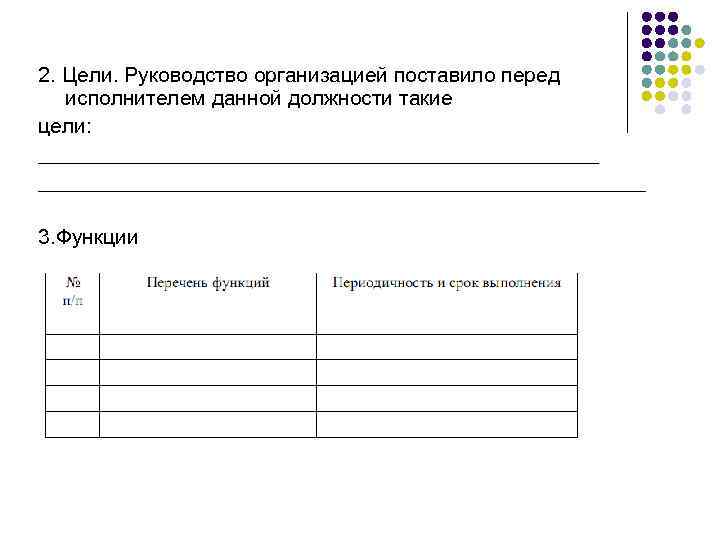 2. Цели. Руководство организацией поставило перед исполнителем данной должности такие цели: ____________________________________________________ 3. Функции