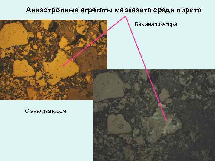 Анизотропные агрегаты марказита среди пирита Без анализатора С анализатором 