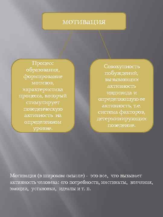 мотивация Процесс образования, формирование мотивов, характеристика процесса, который стимулирует поведенческую активность на определенном уровне.