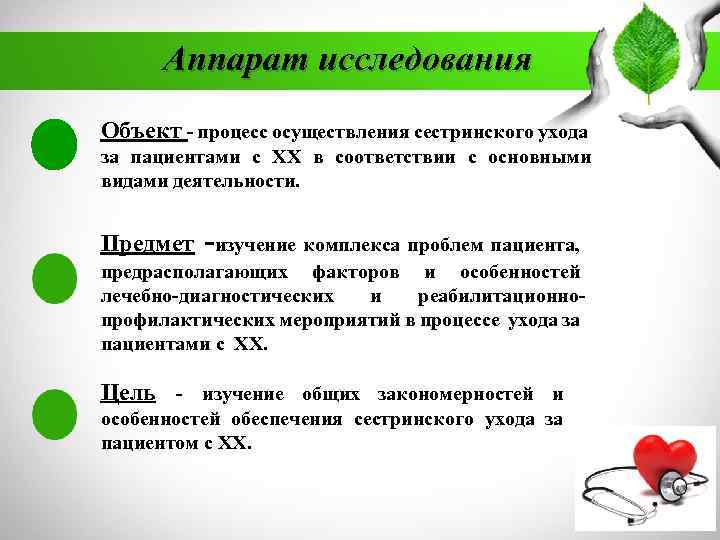 Аппарат исследования Объект - процесс осуществления сестринского ухода за пациентами с ХХ в соответствии