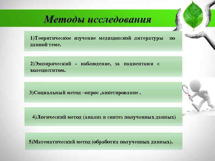 Методы исследования 1)Теоритическое изучение медицинской литературы по данной теме. 2)Эмпирический - наблюдение, за пациентами