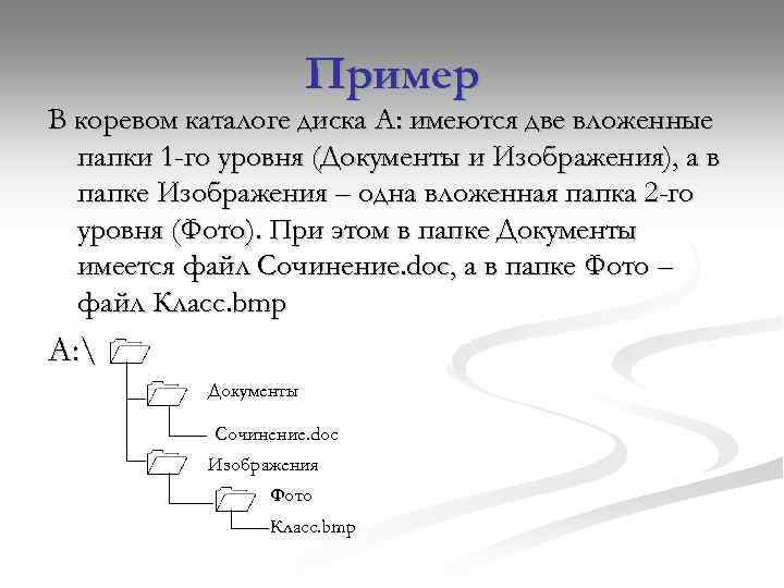 Пример В коревом каталоге диска А: имеются две вложенные папки 1 -го уровня (Документы