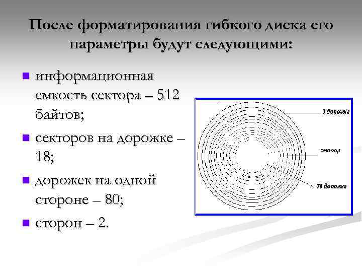 После форматирования гибкого диска его параметры будут следующими: информационная емкость сектора – 512 байтов;