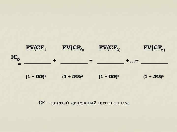 FV(CF 1 IC 0 = FV(CF 2) + (1 + IRR)1 FV(CF 3) +