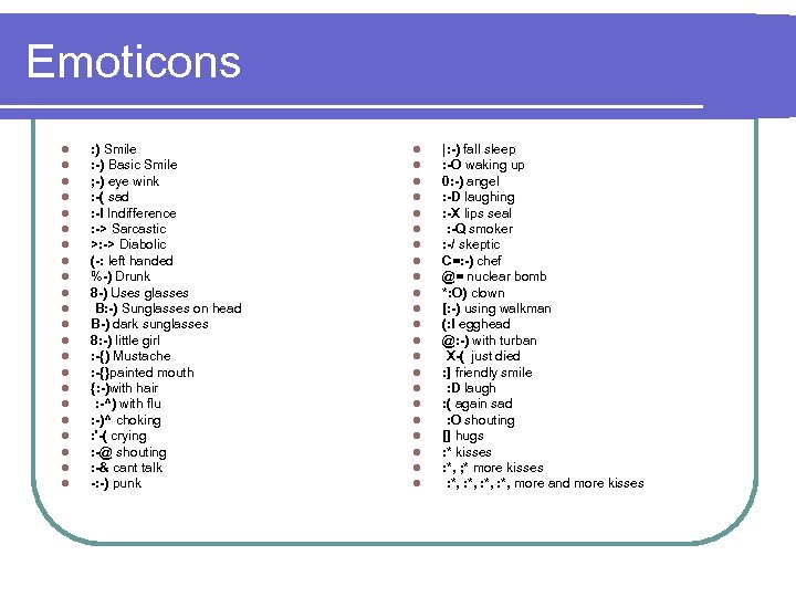 Emoticons l l l l l l : ) Smile : -) Basic Smile
