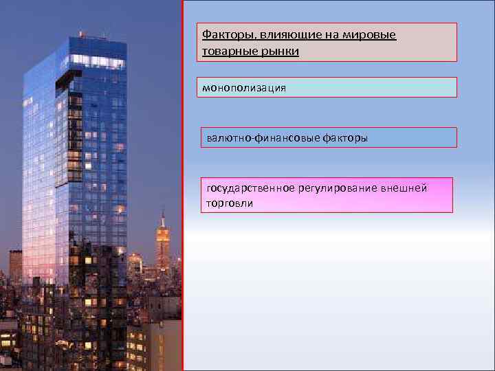 Факторы, влияющие на мировые товарные рынки монополизация валютно-финансовые факторы государственное регулирование внешней торговли 