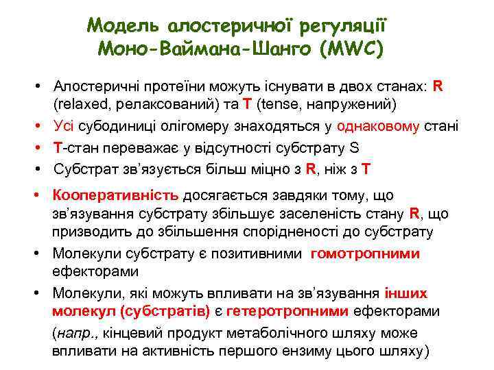 Модель алостеричної регуляції Моно-Ваймана-Шанго (MWC) • Алостеричні протеїни можуть існувати в двох станах: R