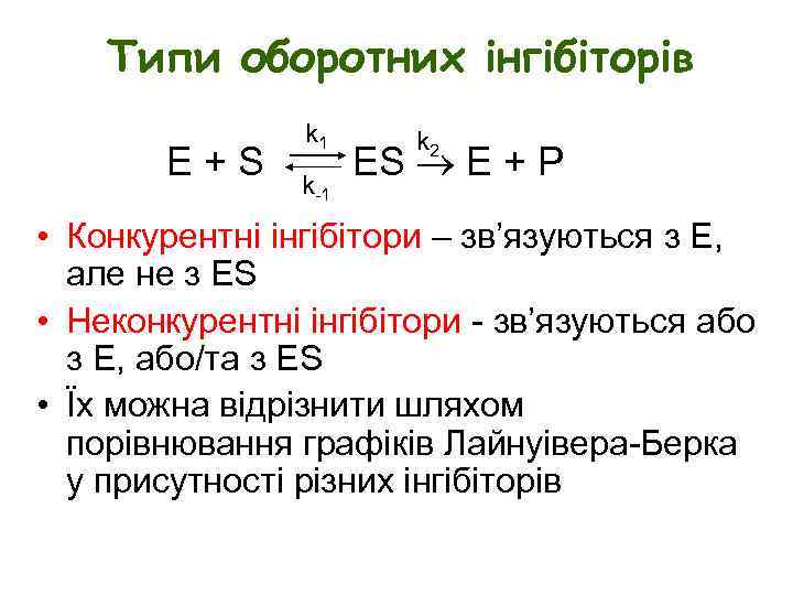 Типи оборотних інгібіторів E+S k 1 k-1 k 2 ES E + P •