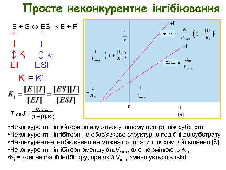 Просте неконкурентне інгібіювання E + S E + P + I EI Ki Нахил