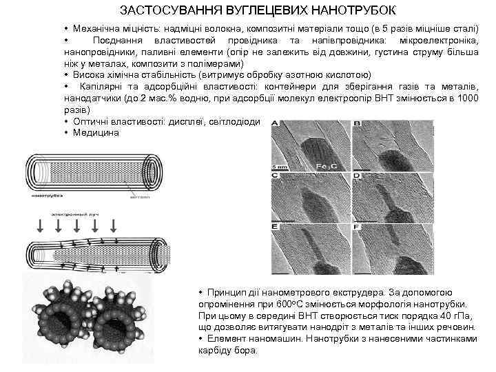 ЗАСТОСУВАННЯ ВУГЛЕЦЕВИХ НАНОТРУБОК • Механічна міцність: надміцні волокна, композитні матеріали тощо (в 5 разів