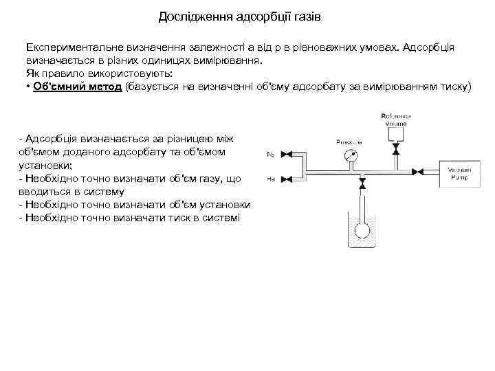 Дослідження адсорбції газів Експериментальне визначення залежності a від р в рівноважних умовах. Адсорбція визначається