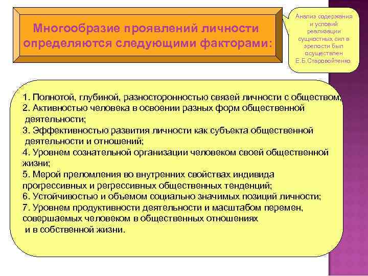 Многообразие проявлений личности определяются следующими факторами: Анализ содержания и условий реализации сущностных сил в