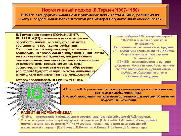 Нормативный подход. Л. Термен(1887 -1956) В 1916 г. стандартизировал на американских детях тесты А.