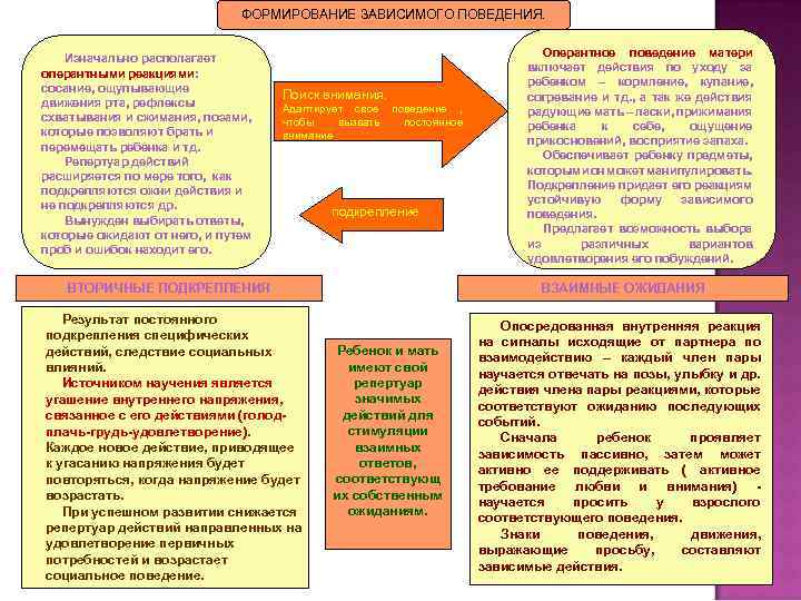 ФОРМИРОВАНИЕ ЗАВИСИМОГО ПОВЕДЕНИЯ. Изначально располагает оперантными реакциями: сосание, ощупывающие движения рта, рефлексы схватывания и